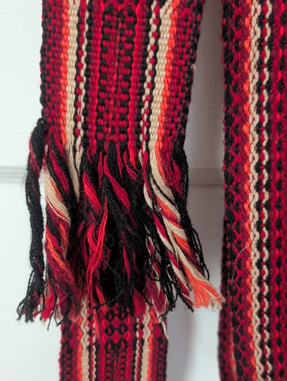 Red Sash 1970's Handwoven Black Striped Scarf Belt Fringe 82